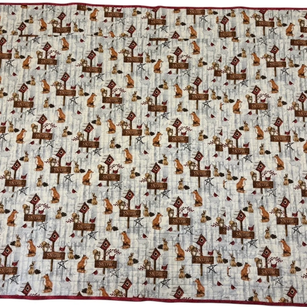 Handmade Quilted Patchwork Throw W/ Cardinals In the Woods Trees Navy Red 52x44”